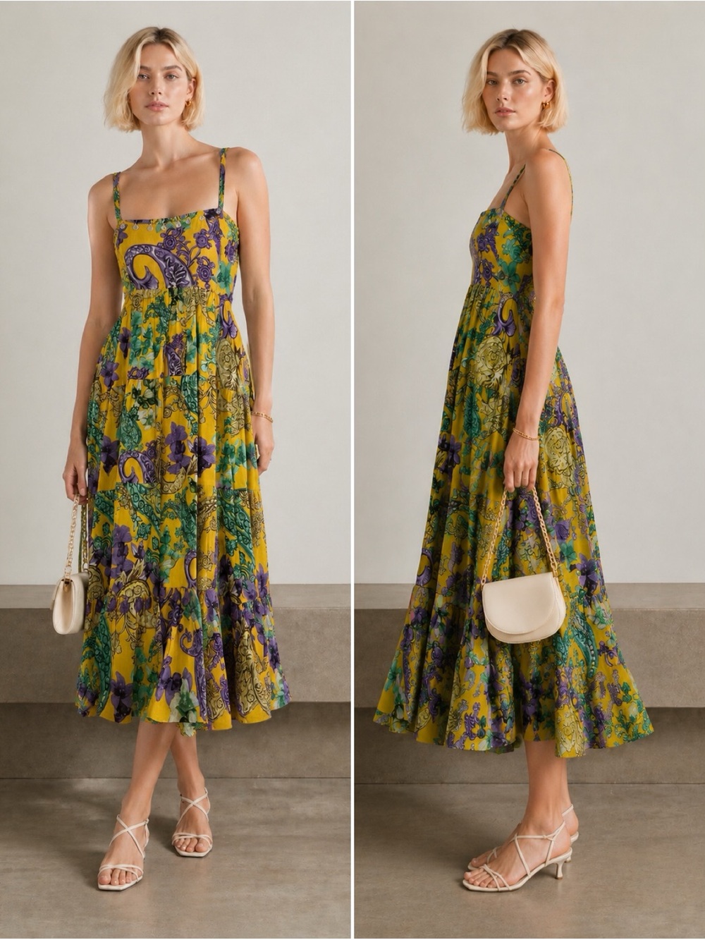 Rain and Rainbow Boho Paisley Tassel Midi Dress Cotton Fit & Flare Sundress L
